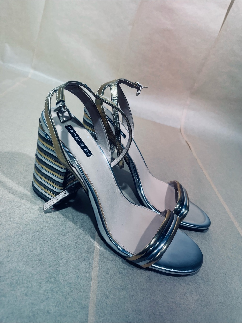 Parker & Sky metallic tri-color strappy block heel sandals